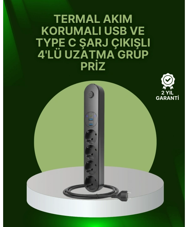 4 Priz 2 USB 1 Type-C Akım Korumalı Çoklu Priz Led Anahtarlı