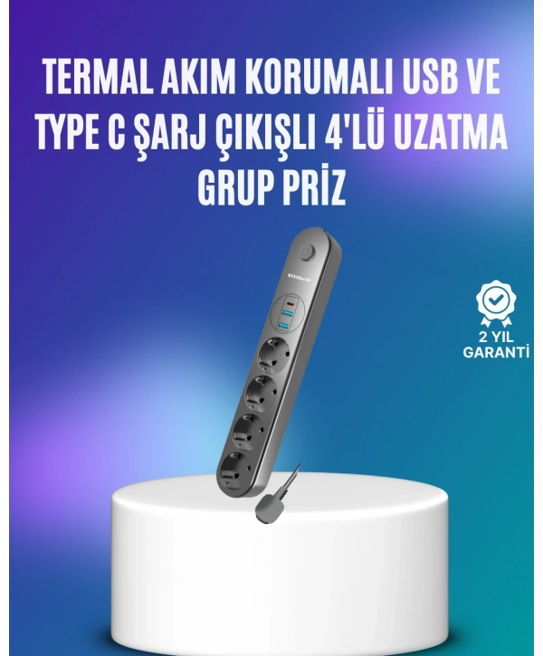 4’lü Çoklu Priz 2 USB Type-C Girişli Akım Korumalı Siyah
