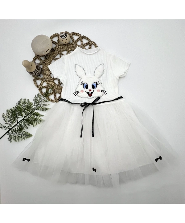 5-6-7 Yaş Payetli Tavşan Baskılı Kız Çocuk Elbisesi