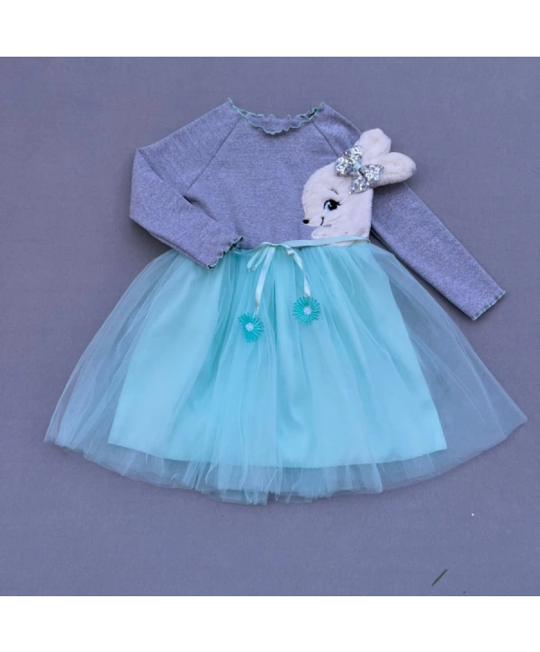 5-6-7 Yaş Pelüş Tavşan Desenli Kurdela Kuşaklı Astarlı Kız Çocuk Tütü Elbise