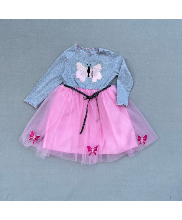 5-6-7 Yaş Taşlı Kelebek Desenli Kurdela Kuşaklı Astarlı Kız Çocuk Tütü Elbise