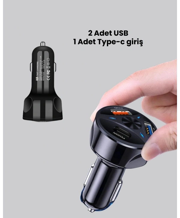 55W Hızlı Şarj Araç Çakmaklık Adaptörü QC 3.0 PD