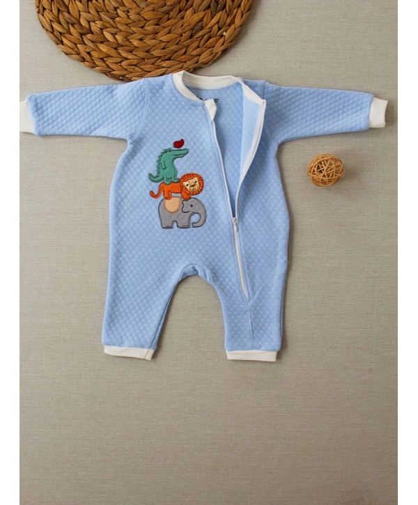 6-9 12-18 18-24 24-36 Ay Animal Nakışlı Bal Peteği Kumaş Es Fermuarlı Erkek Bebek Tulumu