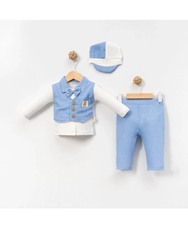 6-9-12-18 Ay Yelek Detaylı Kasketli Uzun Kollu Mevsimlik 3 Lü Erkek Takımı