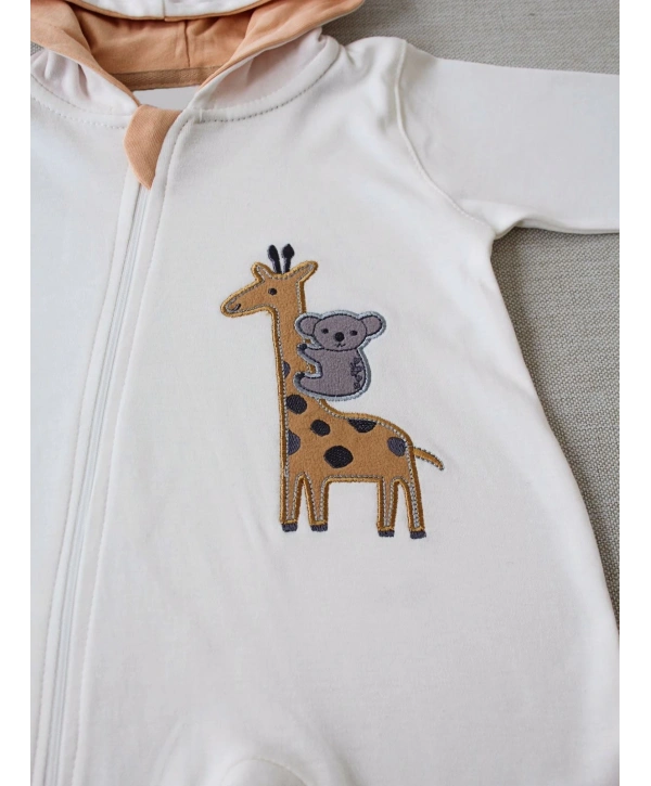 6-9 9-12 Ay Ef Çizgi Boy Fermuarlı Zürafa Nakışlı Kapşonlu Kız Erkek Bebek Tulumu