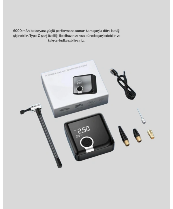 6000mAh Bataryalı Type-C Şarjlı Mini Hava Kompresörü LED Işıklı