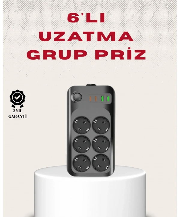 6’lı Grup Priz Termal Korumalı USB Type-C Çoklu Priz 2 Metre Kablo