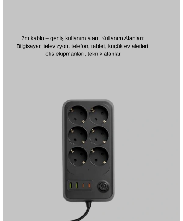 6’lı Grup Priz Termal Korumalı USB Type-C Çoklu Priz 2 Metre Kablo