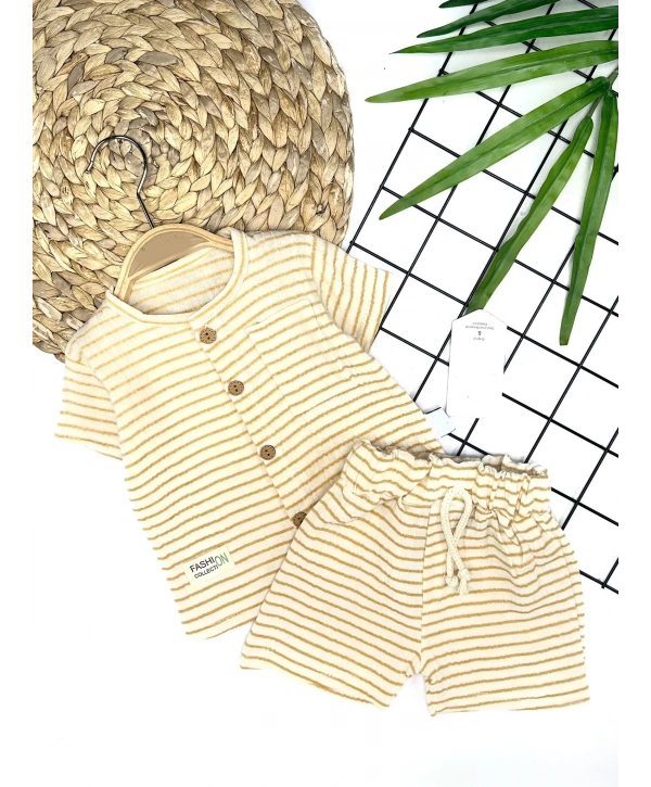 9-12-18-24 Ay Düğme Detaylı Çizgili Müslin Kumaş Yazlık 2li Erkek Bebek Takımı