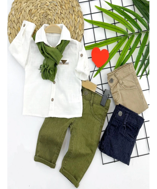 9-12-18-24 Ay Ve 3-4-5 Yaş Fularlı Pamuk Keten Gömlekli Pantolonlu 3lü Erkek Bebek Takımı
