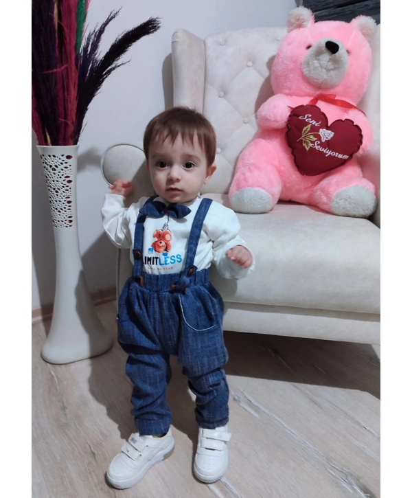 9-12-18 Ay Papyonlu Sweat Kot Pantolon 2li Erkek Bebek Salopet Takımı