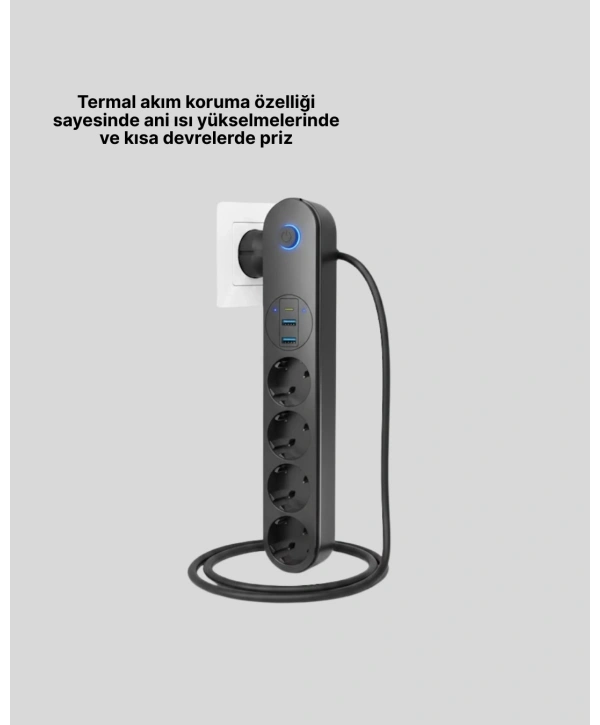 Akıllı Akım Dengelemeli 4’lü Çoklu Priz Type-C ve USB Çıkışlı