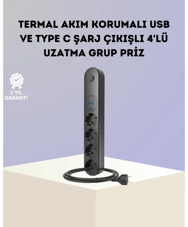 Akım Korumalı Çoklu Priz 4’lü 2 USB 1 Type-C 2500W Güçlü Tasarım