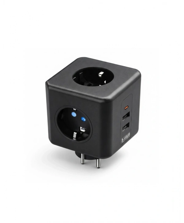 Akım ve Voltaj Korumalı Küp Priz 3 USB Destekli