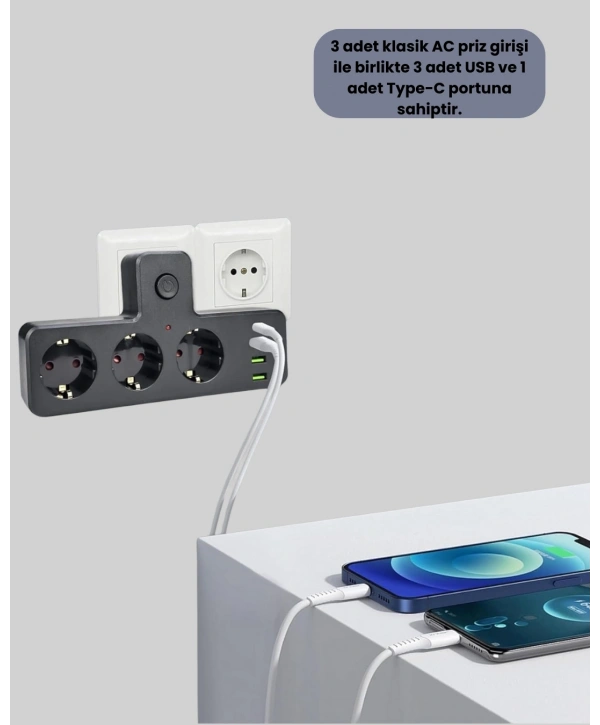 Anahtarlı Çoklu Priz 3 USB 1 Type-C Hızlı Şarj Destekli