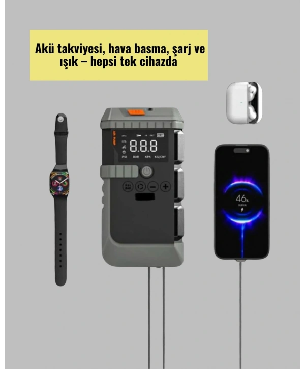 Araç İçin 4 Fonksiyonlu Akü Takviye ve Lastik Şişirme Cihazı