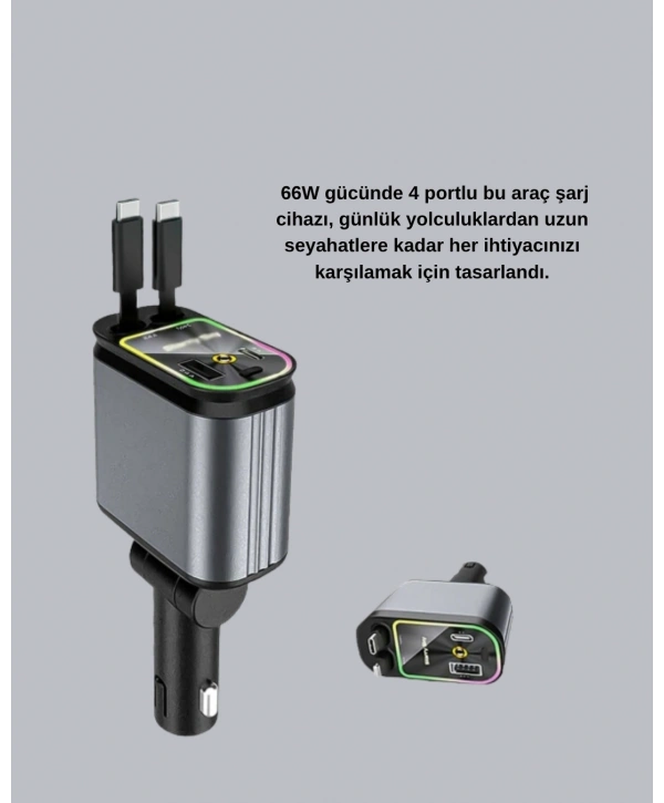 Araç Şarj Adaptörü 66W PD QC Hızlı Şarjlı ve Çekilebilir Kablolu
