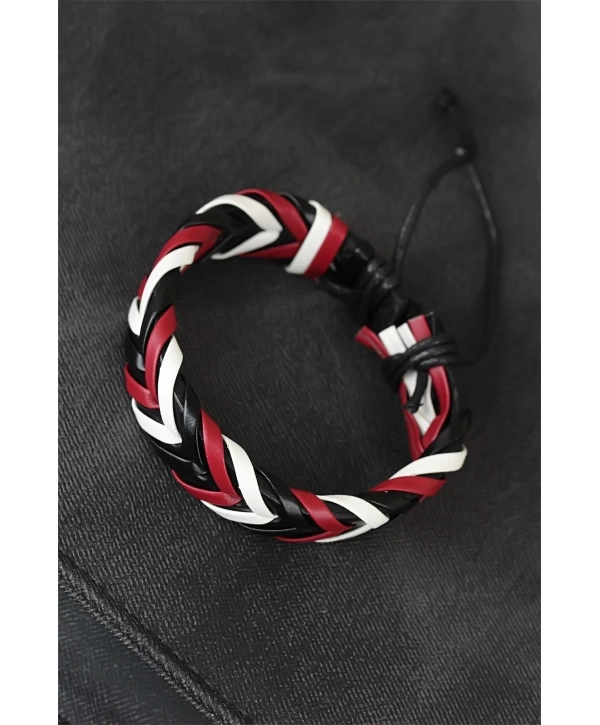 Bordo Beyaz Siyah Örgü Deri Erkek Bileklik