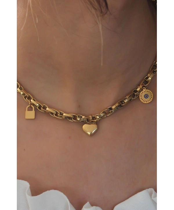 Çelik Gold Renk Kalın Zincir Model Kalp Figür Kadın Kolye