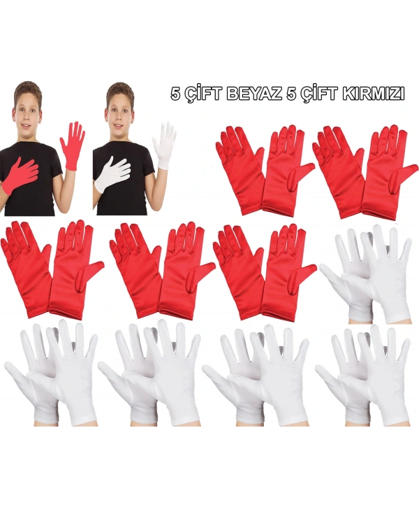 Çocuk Gösteri Eldiven Seti – 5 Çift Beyaz &amp;amp; 5 Çift Kırmızı (5047)