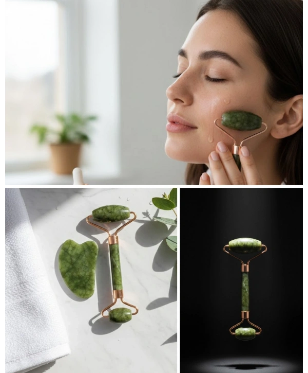 Doğal Yeşim Roller ve Gua Sha Yüz Şekillendirme Seti