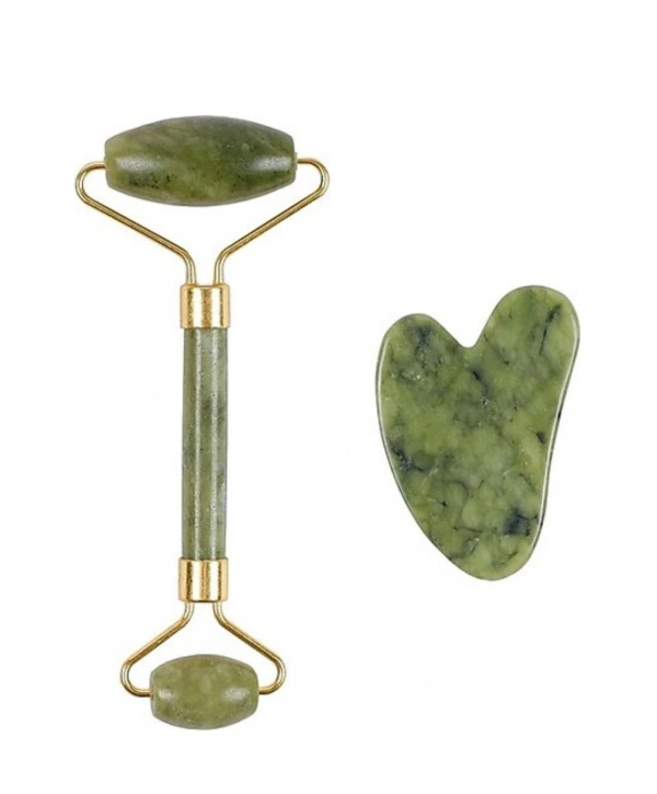 Doğal Yeşim Roller ve Gua Sha Yüz Şekillendirme Seti