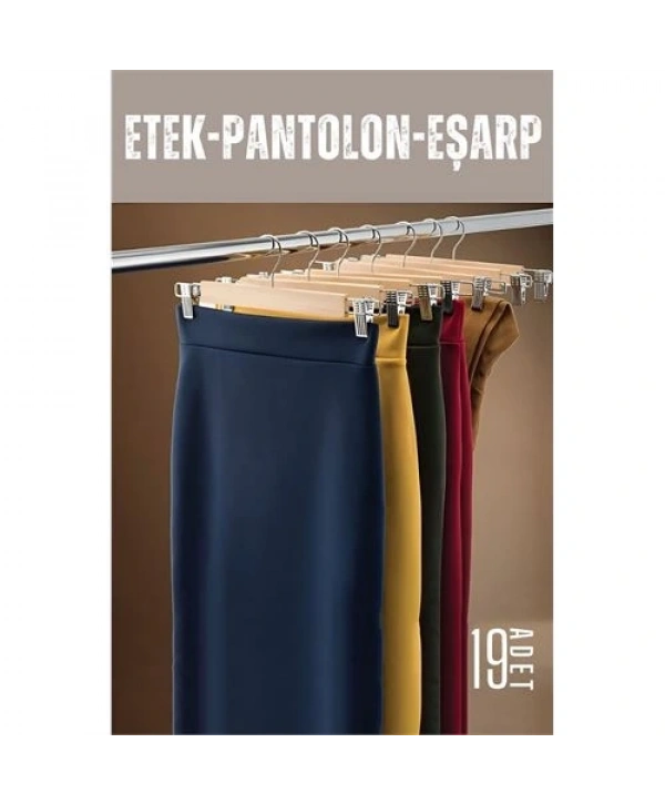 Etek Pantolon Eşarp Kıskaçlı Askı 19 Adet Ahşap