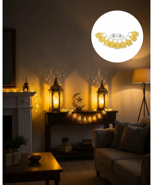 Ev Dekoru İçin Ramazan LED Işık Pilli Sıcak Sarı Cami Figürlü