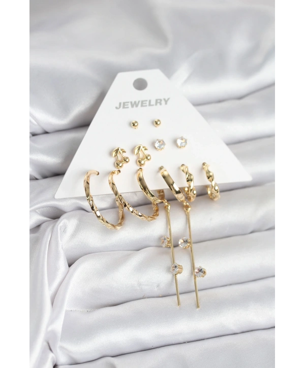 Gold Renk 6 Çift Pirinç Kadın Küpe Seti