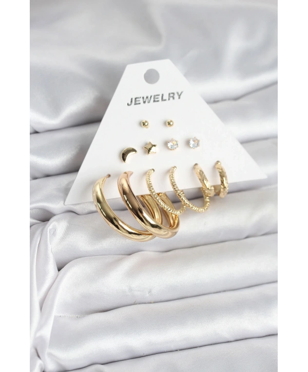 Gold Renk 6 Çiftli Pirinç Kadın Küpe Seti