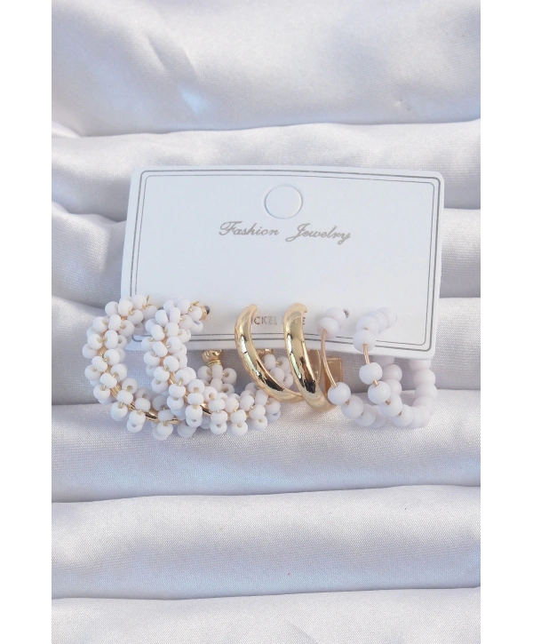 Gold Renk Lila Boncuklu Halka Küpe Seti