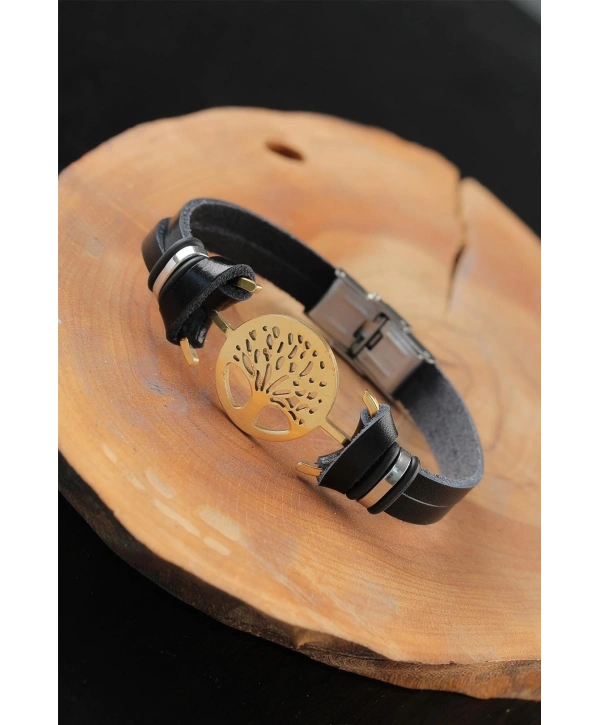 Gold Renk Metal Ağaçlı Tasarım Siyah Renk Deri Erkek Bileklik
