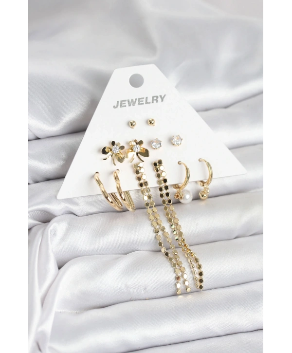 Gold Renk Pirinç 6lı Kadın Küpe Seti