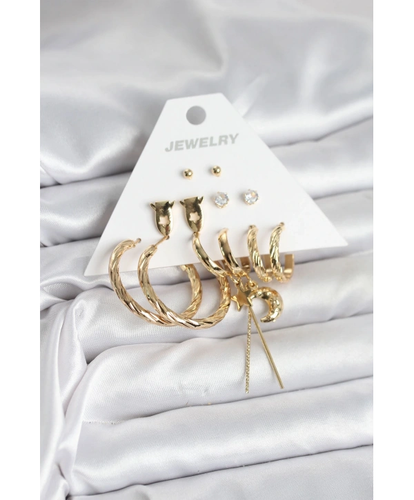 Gold Renk Pirinç 6lı Kadın Küpe Seti