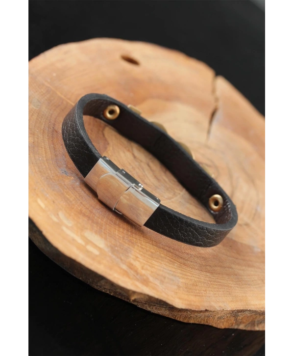 Gold Renk Sonsuzluklu Metal Aksesuarlı Siyah Deri Erkek Bileklik