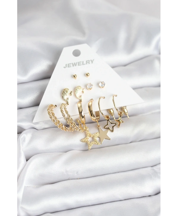 Gold Renk Yıldızlı Set 6 Çift Kadın Küpe Seti