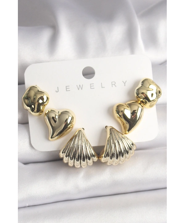 Gold Renk Yonca Kalp Deniz Kabuğu Figür CCB Kadın Küpe Seti