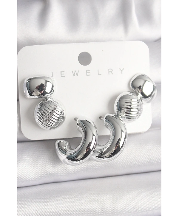 Gümüş Renk İşlemeli Daire Halka Model CCB Platik Kadın Küpe Seti