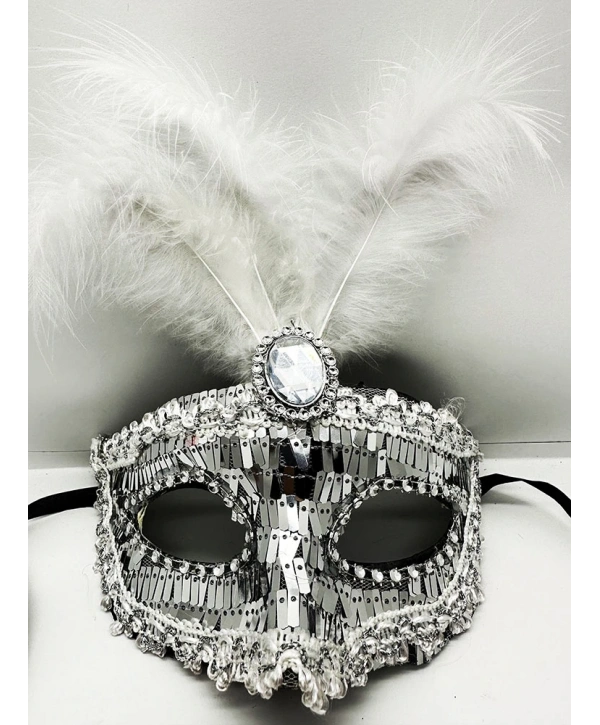 Gümüş Renk Payetli Pullu Tüylü Parti Maskesi 17x20 cm (5047)