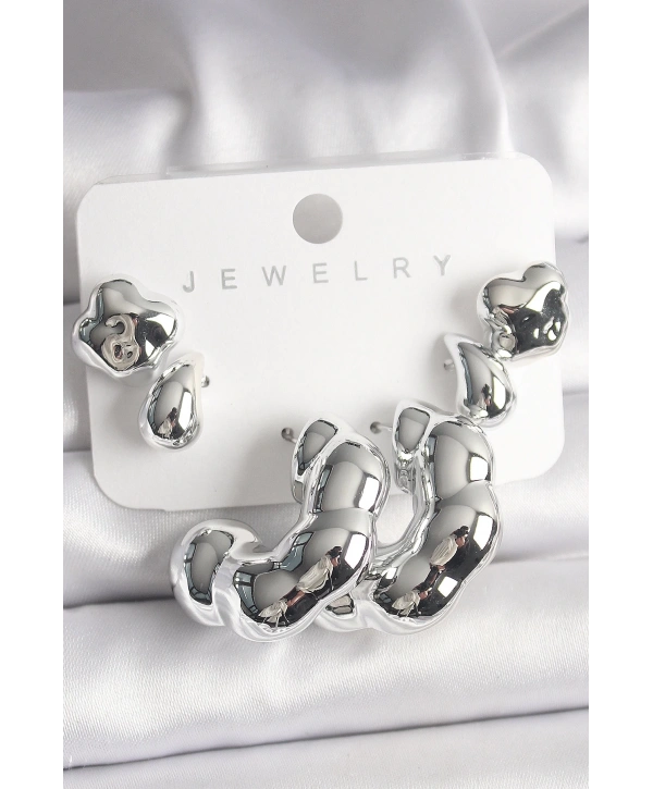 Gümüş Renk Yonca Damla Halka Model CCB Plastik Kadın Küpe Seti