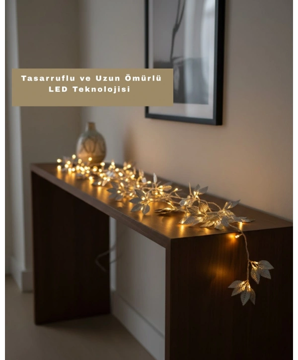 Gümüş Yaprak Tasarımlı LED Işık Pilli Ev ve Vitrin Dekoru