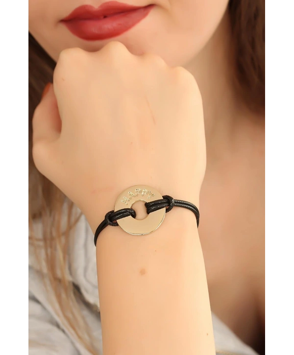 HAPPY (Mutlu) Siyah Deri İpli Unisex Mood Bileklik