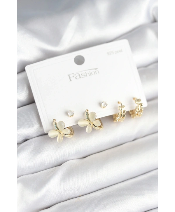 Kelebek Model Gold Renk Pirinç 925 Ayar Gümüş Çivili Kadın Küpe Seti