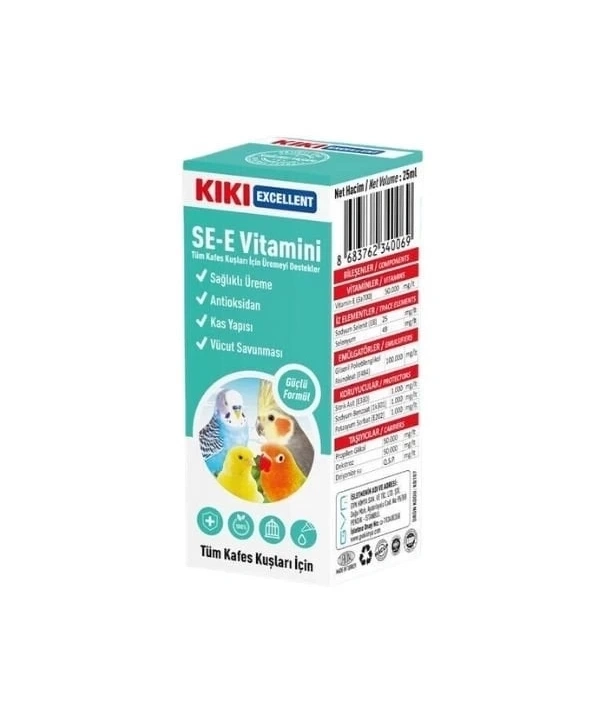 Kiki Excellent Sağlıklı Üreme Destekleyici Kuşlar için SE-E Vitamini Sıvı Damla 25 Ml