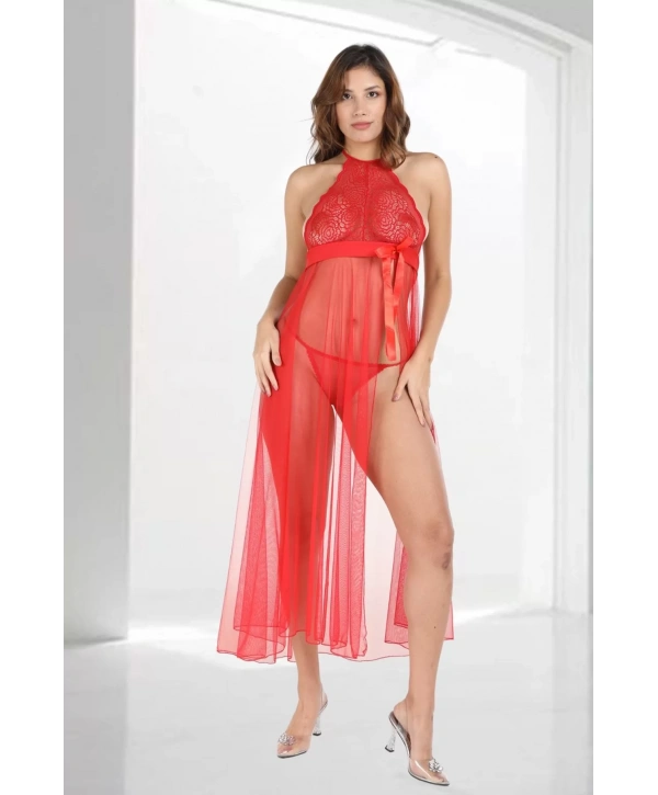 Kırmızı Dantelli Tül Gecelik - M057