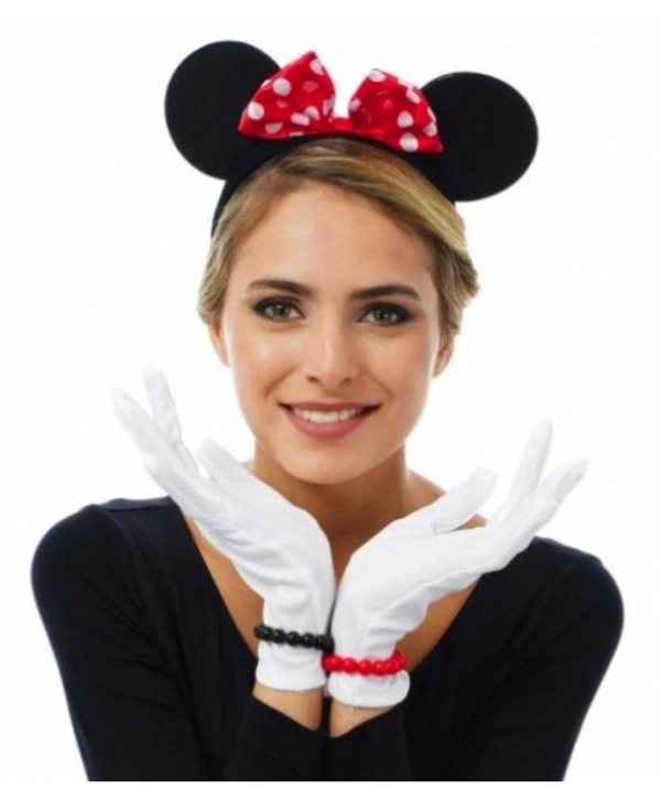 Kırmızı Fiyonklu Minnie Mouse Tacı ve Beyaz Eldiven Seti (5047)