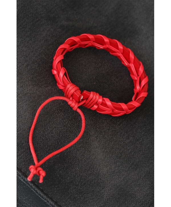 Kırmızı Örgü Deri Erkek Bileklik