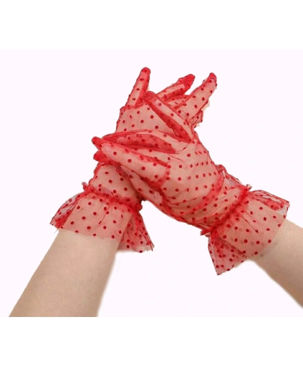 Kısa Boy Güpürlü Kırmızı Puantiyeli Tül Eldiven Kırmızı Renk (5047)