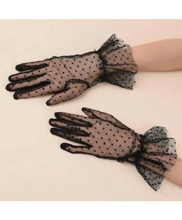 Kısa Boy Güpürlü Siyah Puantiyeli Tül Eldiven Siyah Renk (5047)