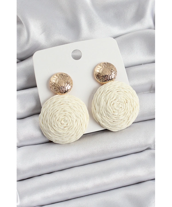 Krem Daire Figürlü Hasır Örgü Model Gold Renk Kadın Küpe